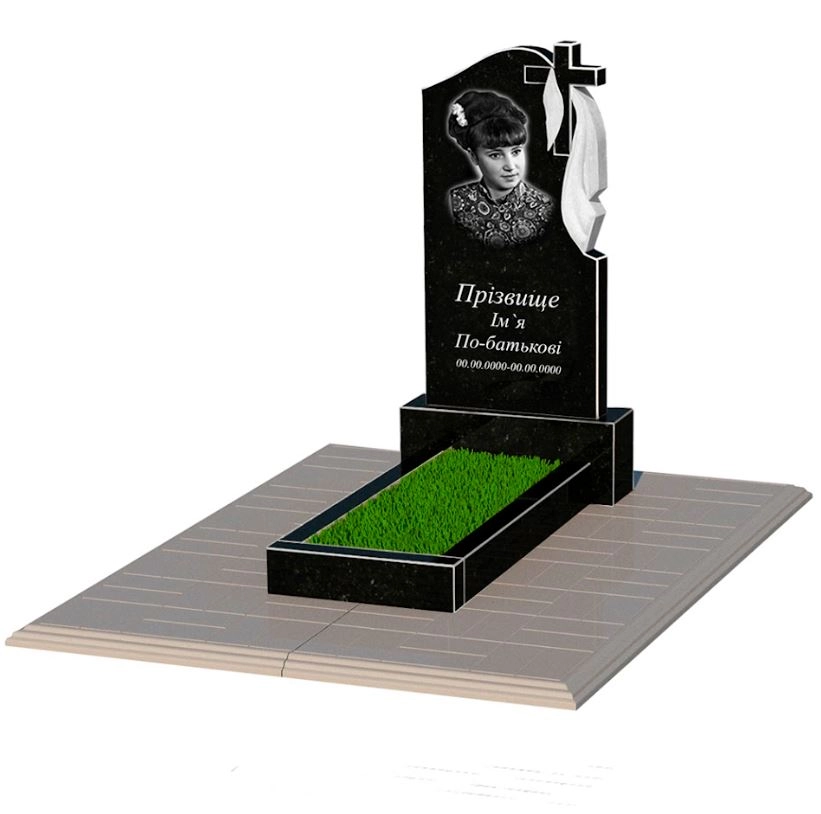Основне Гранітний пам'ятник з квітником одинарний із чорного граніту Коростишів з хрестом та плащаницею різьблений к1-kor-npf-80-40-05-142-r-pbd1