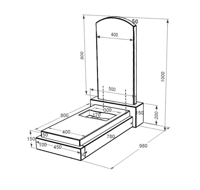 Размеры Гранитный памятник в форме дуги одинарный из черного гранита Коростышев с вырезанным флагом к6-kor-npf-80-40-08-009