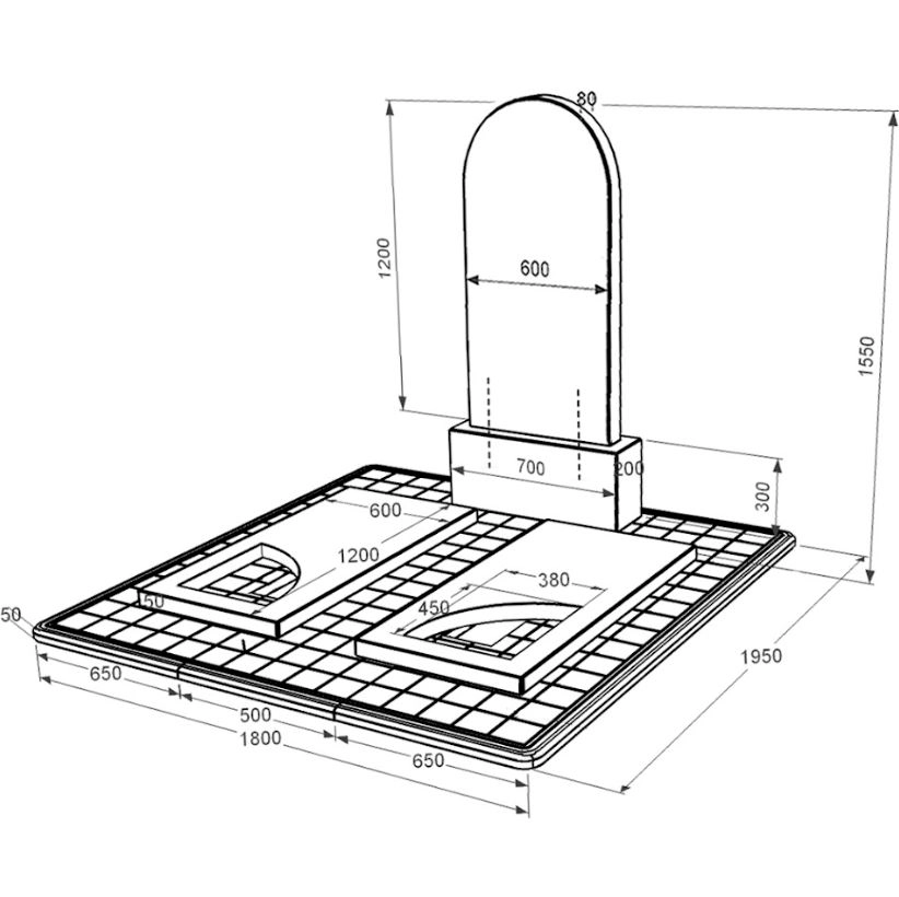 Розміри Гранітний пам'ятник з вирізаним куточком подвійний із чорного граніту Коростишів к18-kor-npf-120-60-08-006-pbd3