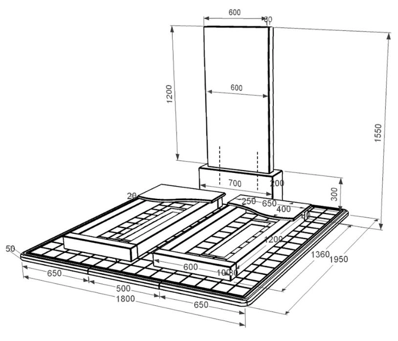 Розміри Пам'ятник із граніту з бетонною плитою подвійний із чорного граніту Коростишів з хвилею різьблений к15-kor-pf-120-60-08-001-pbd3