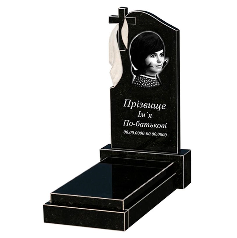 Основне Гранітна плита на могилу з хрестом різьблений одинарний із чорного граніту Коростишів з плащаницею різьблений к12-kor-npf-80-40-05-142