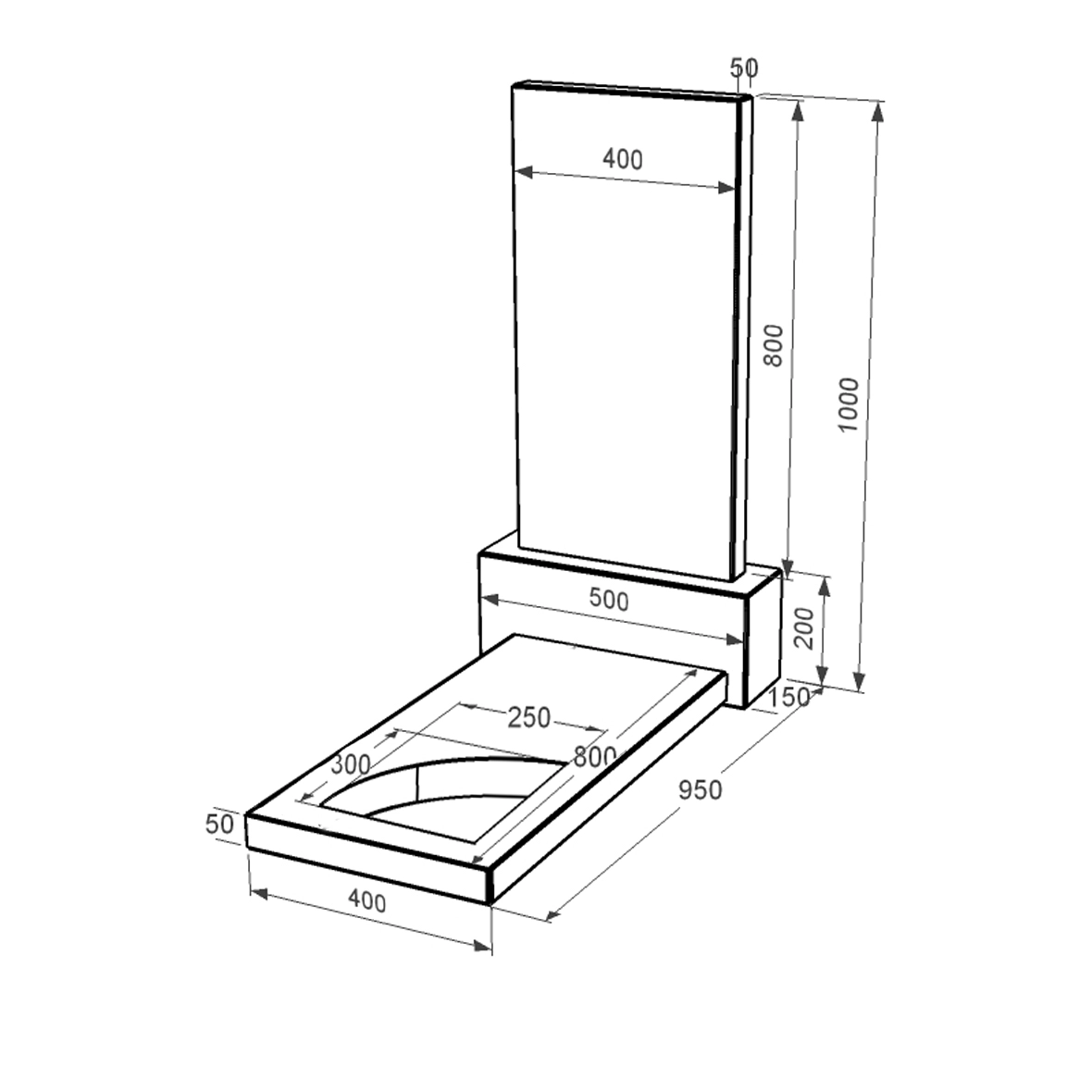 Размеры Памятник из гранита Коростышевского карьера одинарный из черного гранита Коростышев с вырезанным уголком к9-kor-npf-80-40-05-001