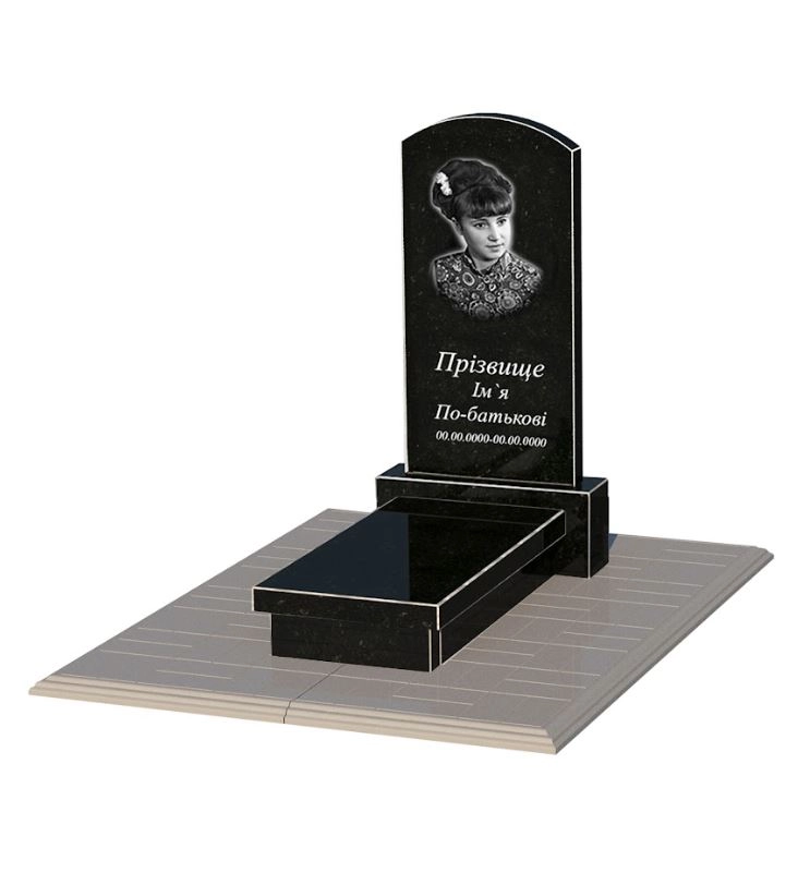 Основное Гранитный памятник для девушки одинарный из черного гранита Коростышев с дугой резной к10-kor-npf-80-40-05-009-pbd1