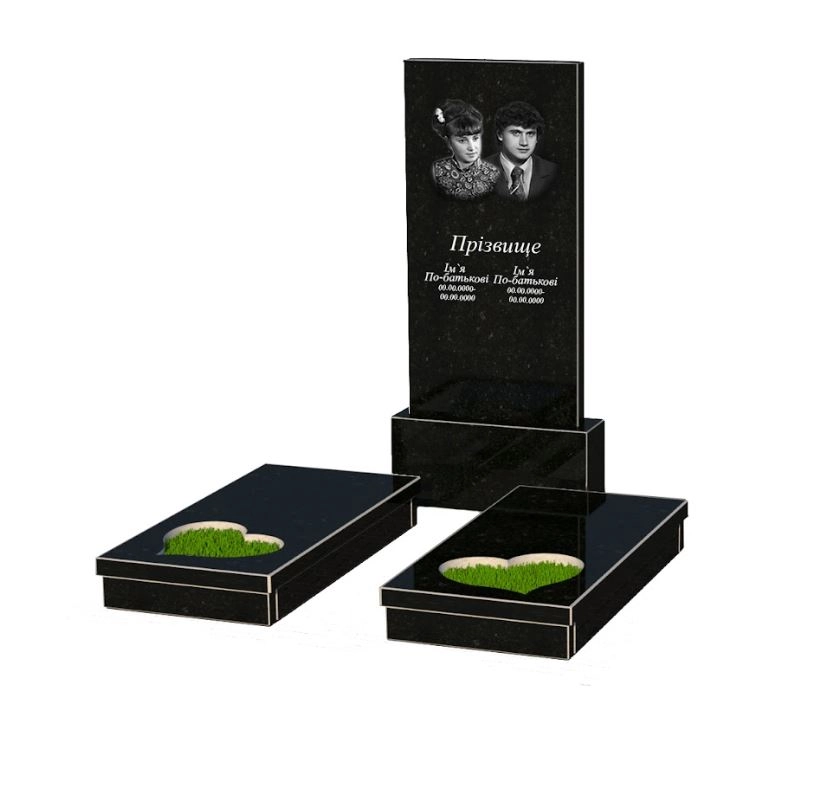 Основне Гранітний надгробок з декоруванням штучним газаном подвійний із чорного граніту Коростишів з серцем різьблена робота к20-kor-npf-120-60-08-001