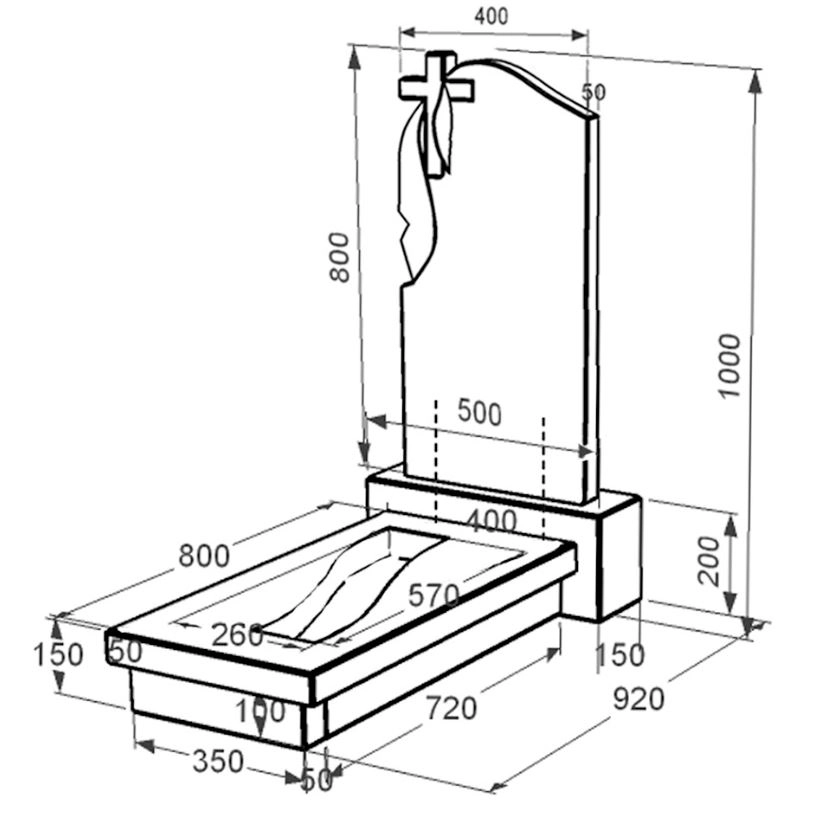 Розміри Гранітний пам'ятник з плащаницею різьблений одинарний із чорного граніту Коростишів з хрестом різьблений з вирізаною смугою к23-kor-npf-80-40-08-142