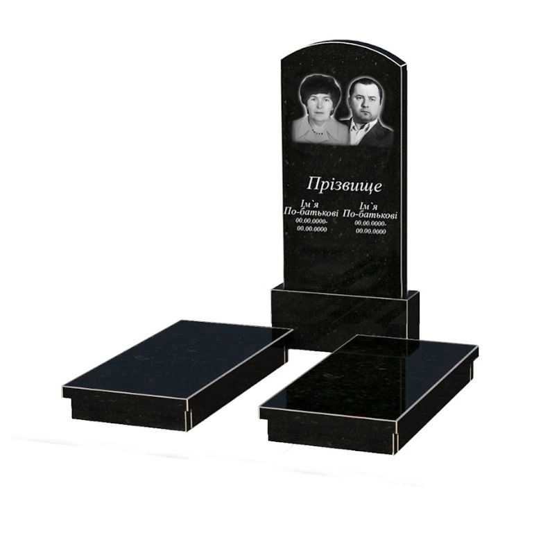 Основне Гранітний надгробок великого розміру подвійний із чорного граніту Коростишів з дугою різьблений к19-kor-npf-120-60-08-009