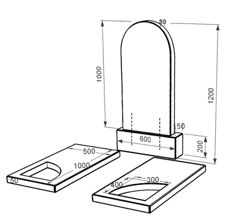 Размеры Гранитный памятник с вырезанным уголком двойной из черного гранита Коростышев к18-kor-pf-100-50-08-006