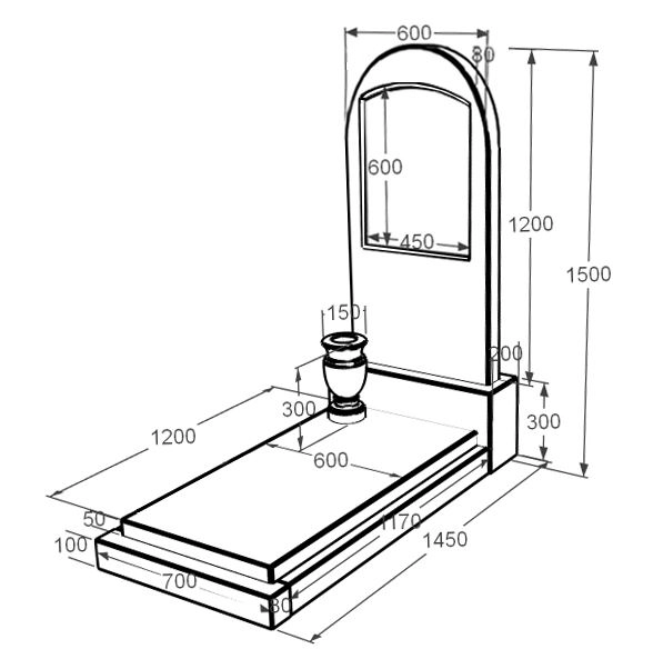 Розміри Ритуальний пам'ятник із мармуру стела 120х60 см з мармуру Дайна з полукруглою стелою к12-dan-pf-120-60-08-006
