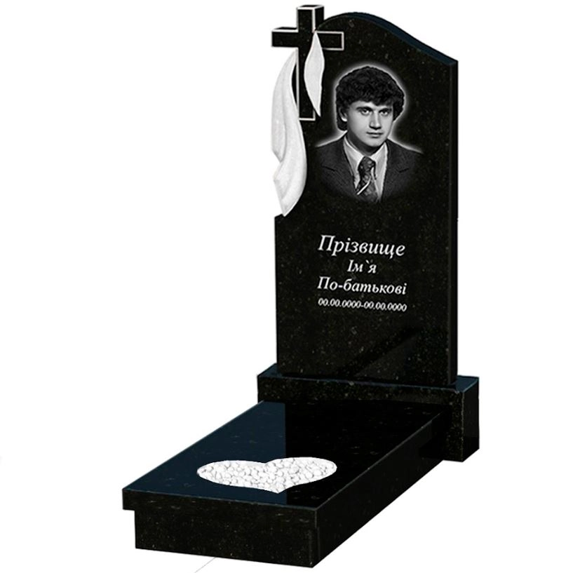 Основне Гранітний пам'ятник на могилу з серцем різьблена робота одинарний із чорного граніту Коростишів к11-kor-pf-100-50-08-142