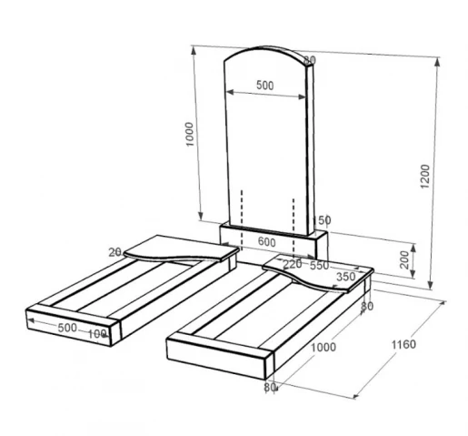 Размеры Надгробие на могилу из гранита стела 100х50 см двойное из черного гранита Коростышев с волной резное к15-kor-pf-100-50-08-009