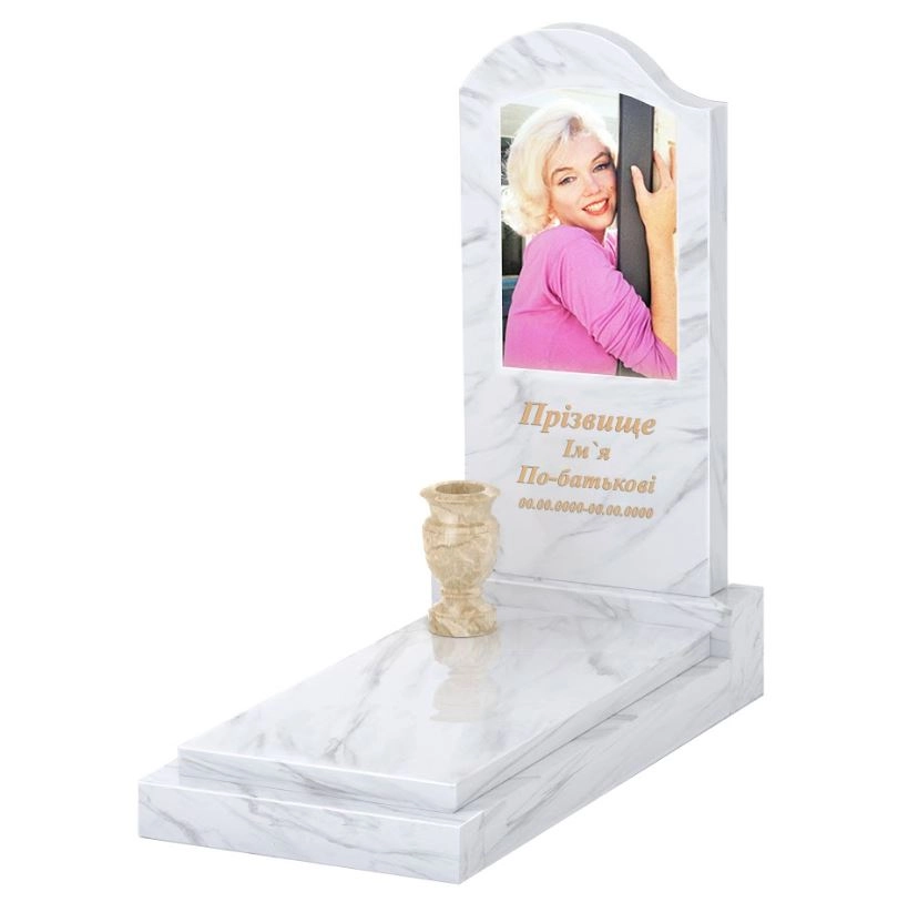 Основне Мармуровий пам'ятник фігурної форми одинарний з білого мармуру Волокас з хвилею різьблений к12-vol-pf-100-50-08-011-l