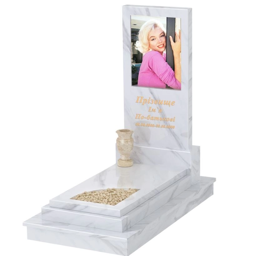 Основне Мармуровий пам'ятник елітний одинарний з білого мармуру Волокас з вирізаним куточком к24-vol-pf-120-60-08-001-ck