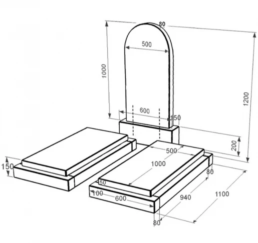 Размеры Гранитный памятник со стелой полукруглой формы двойной из черного гранита Коростышев к21-kor-npf-100-50-08-006