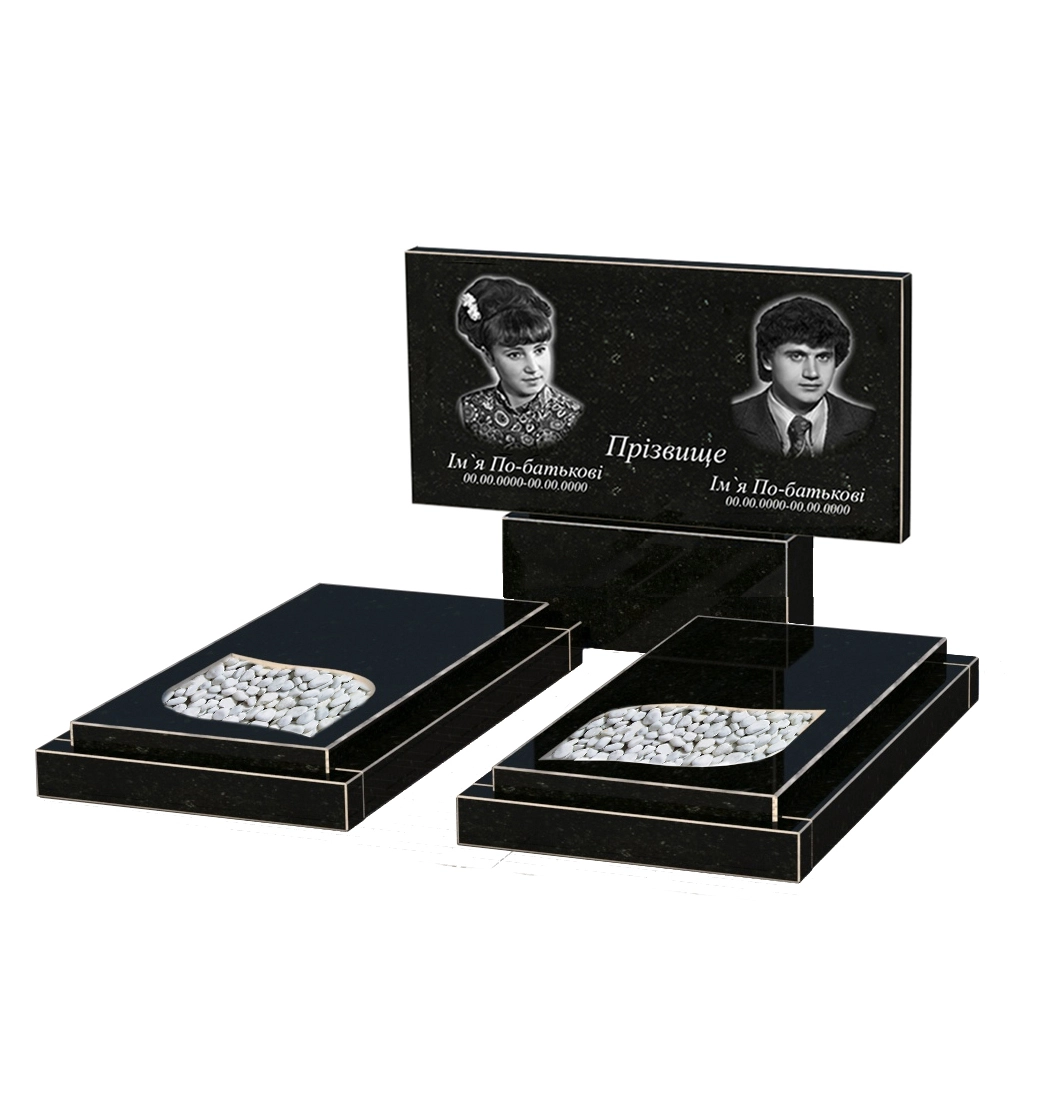 Основное Гранитный памятник с листом резная работа двойной из черного гранита Коростышев к22-kor-npf-60-120-08-001