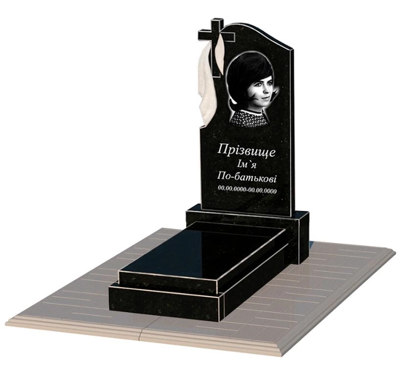 Основное Гранитный памятник с крестом резной одинарный из черного гранита Коростышев с плащаницей резной к12-kor-npf-80-40-05-142-pbd1