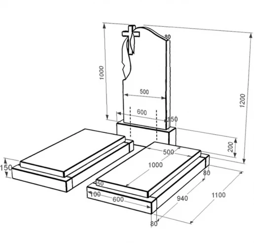 Розміри Гранітний пам'ятник з хрестом різьблений подвійний із чорного граніту Коростишів з плащаницею різьблений к21-kor-pf-100-50-08-142