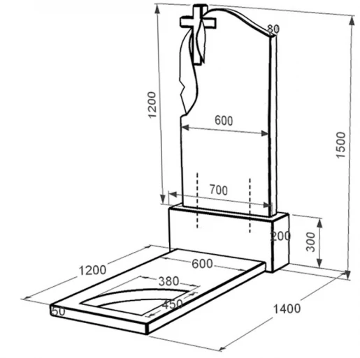 Размеры Гранитный памятник с вырезанным уголком одинарный из черного гранита Коростышев к9-kor-pf-120-60-08-142
