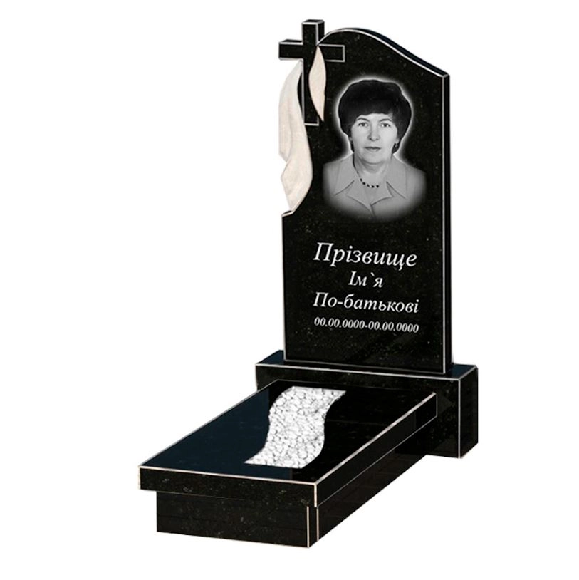 Основне Гранітний пам'ятник з плащаницею різьблений одинарний із чорного граніту Коростишів з хрестом різьблений з вирізаною смугою к23-kor-npf-80-40-08-142