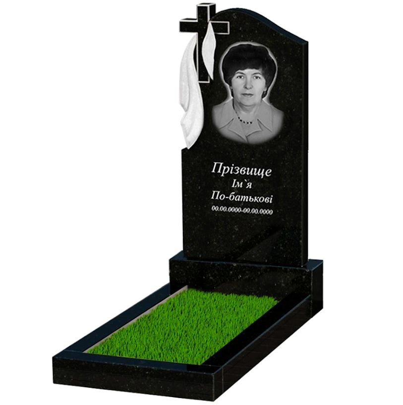 Основное Гранитный памятник с крестом резной одинарный из черного гранита Коростышев с плащаницей резной к2-kor-pf-100-50-08-142