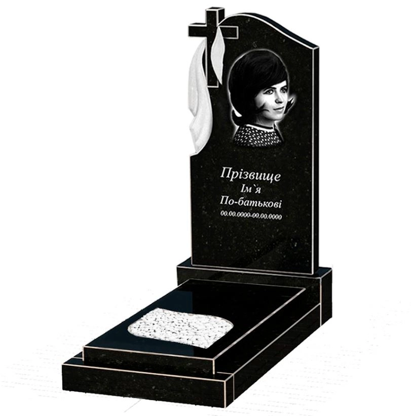 Основне Гранітний пам'ятник доньці одинарний із чорного граніту Коростишів з листом різьблена робота к13-kor-npf-100-50-08-142