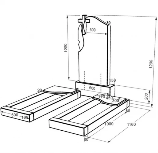 Розміри Граніт надгробок для родини подвійний із чорного граніту Коростишів з хвилею різьблений к16-kor-pf-100-50-08-142