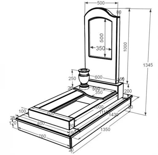 Размеры Мраморный памятник с цветником одинарный из мрамора Дайна к5-dan-pf-100-50-08-011-l-ck