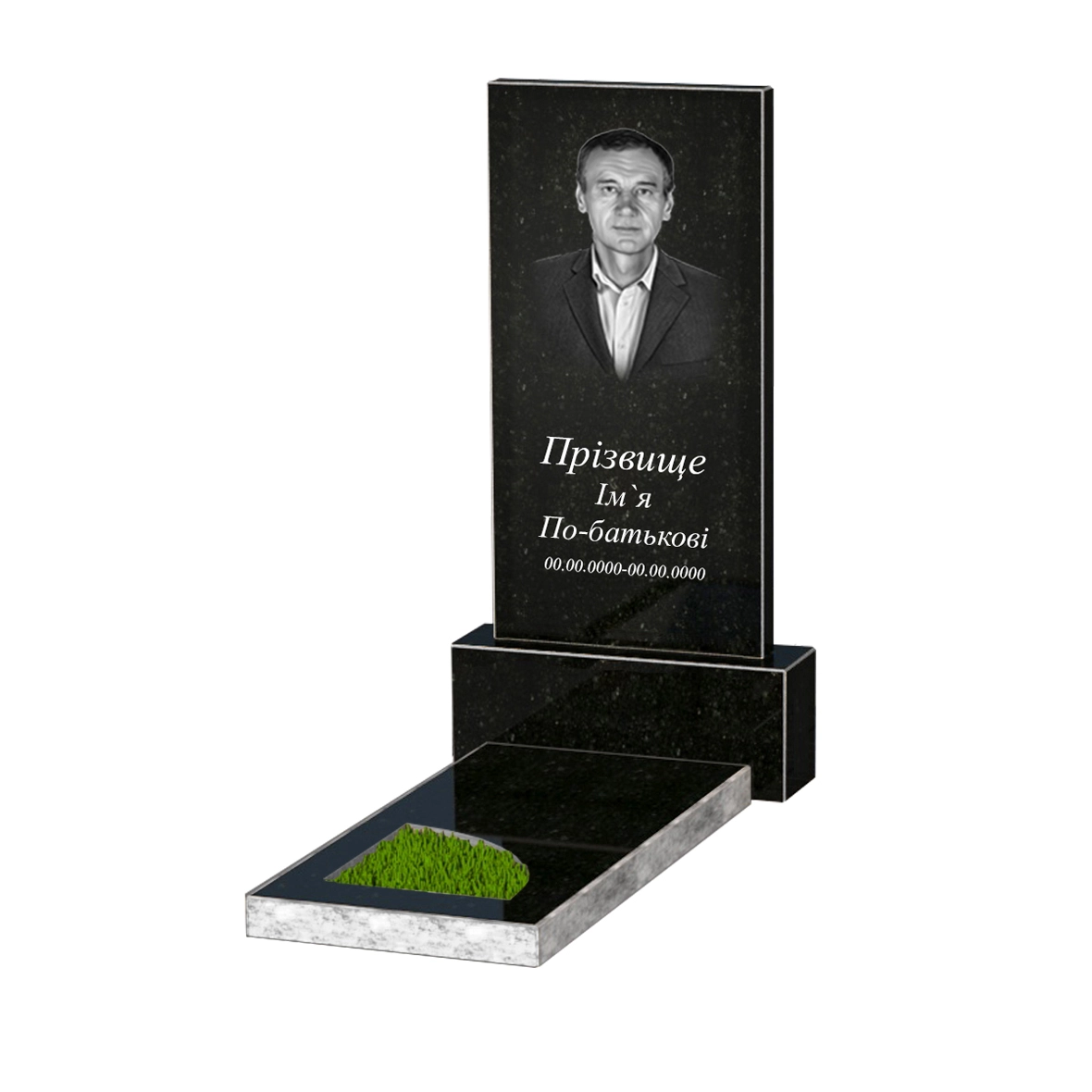 Основне Гранітний пам'ятник з декоруванням штучною травою одинарний із чорного граніту Коростишів з вирізаним куточком к97-kor-npf-npt-80-40-05-001
