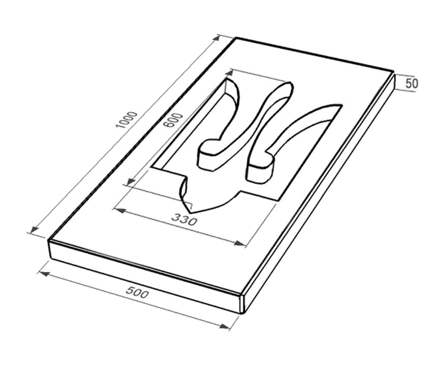 Розміри Надгробна плита з Токівського граніту 1000x500x50 із неполірованими фасками плита Тризуб pl-tok-npf-pt-100-50-05-TRIZUB