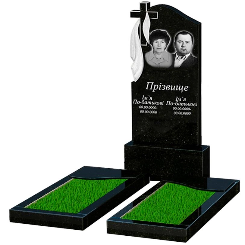 Основне Надгробок із граніту на двох із чорного граніту Коростишів з хвилею різьблений к16-kor-pf-120-60-08-142