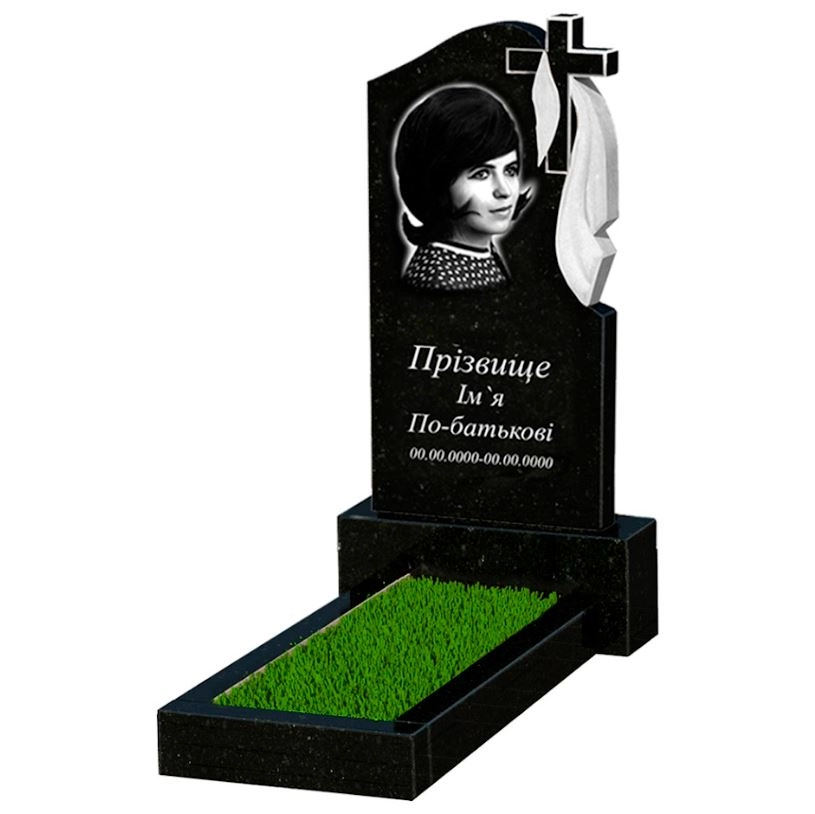 Основне Гранітний пам'ятник стела 80x40 см одинарний із чорного граніту Коростишів з хрестом та плащаницею різьблений к1-kor-pf-80-40-05-142-r