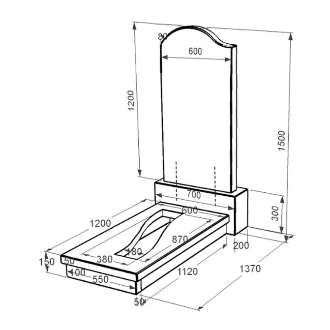 Розміри Гранітний пам'ятник з вирізаною смугою одинарний із чорного граніту Коростишів з хвилею різьблений к23-kor-pf-120-60-08-011-l