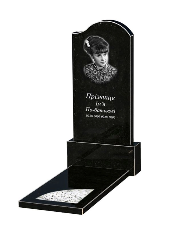 Основне Надгробок із граніту жіночі одинарний із чорного граніту Коростишів з хвилею та куточком різьблений к9-kor-npf-120-60-08-011-r