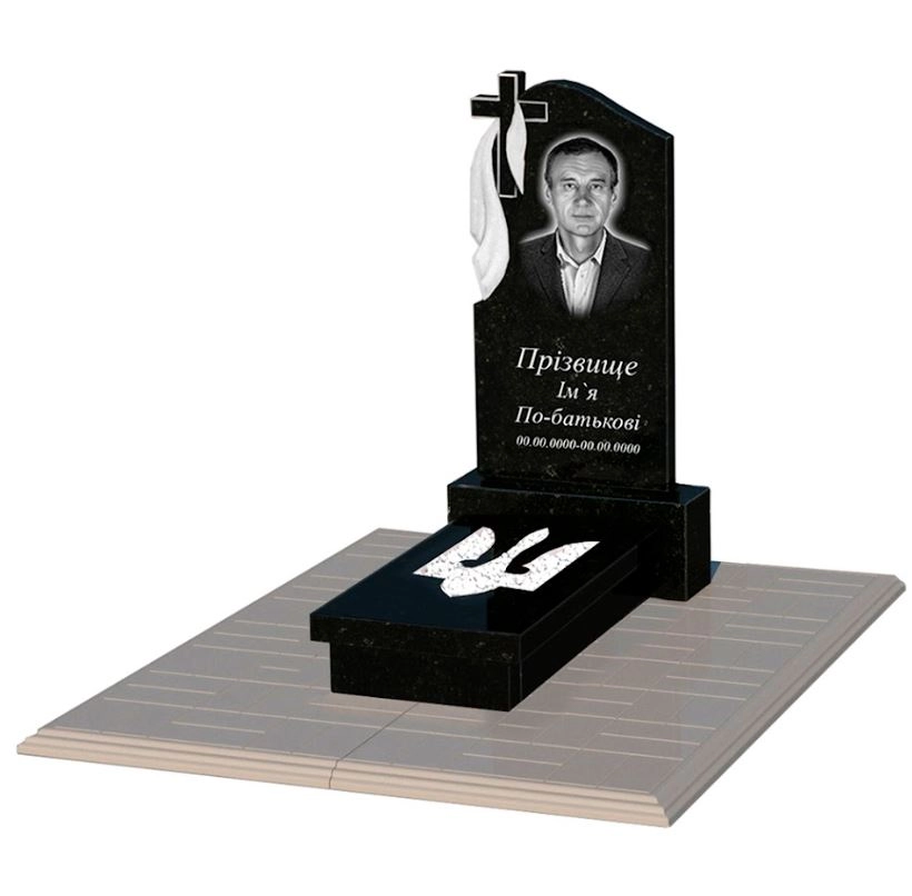 Основное Гранитный памятник с Трезубом вырезанным одинарный из черного гранита Коростышев к8-kor-pf-80-40-08-142-pbd1