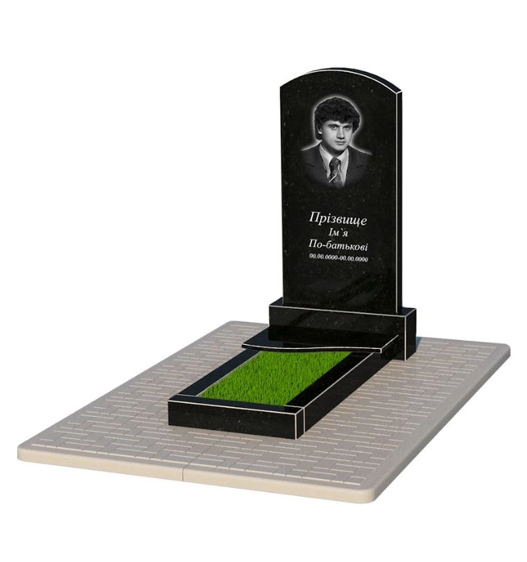 Основне Гранітний пам'ятник для могили одинарний із чорного граніту Коростишів з хвилею різьблений к3-kor-npf-100-50-08-009-pbd2