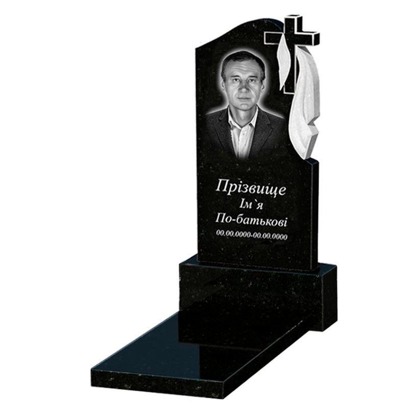 Основне Гранітний пам'ятник виробництво Україна одинарний із чорного граніту Коростишів з хрестом та плащаницею різьблений к7-kor-pf-80-40-05-142-r