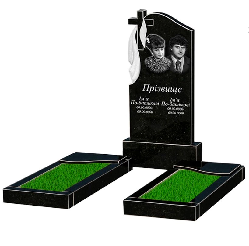 Основне Гранітний пам'ятник середнього розміру подвійний із чорного граніту Коростишів з хвилею різьблений к16-kor-npf-100-50-08-142