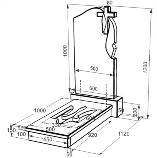 Розміри Гранітний пам'ятник з Тризубом вирізаним одинарний із чорного граніту Коростишів к8-kor-pf-100-50-08-142-r