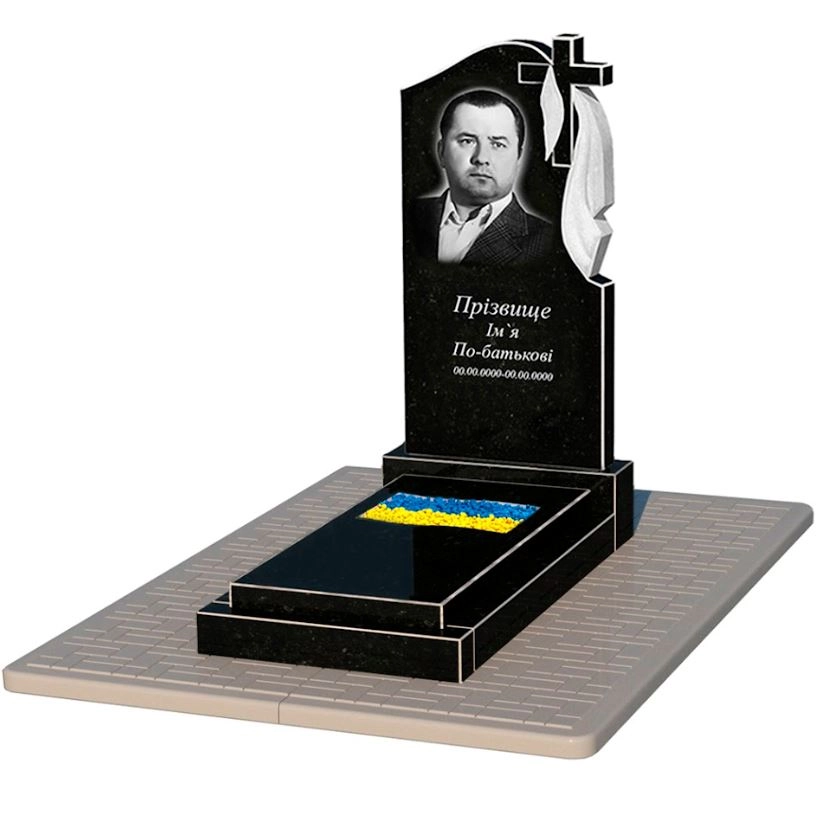 Основне Гранітний пам'ятник з вирізаним прапором одинарний із чорного граніту Коростишів к6-kor-npf-100-50-08-142-r-pbd2