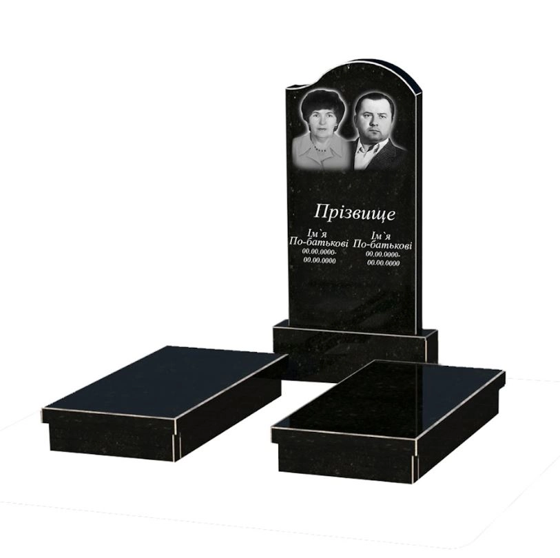 Основне Гранітний пам'ятник з гробницею подвійний із чорного граніту Коростишів з хвилею різьблений к19-kor-npf-100-50-08-011-r