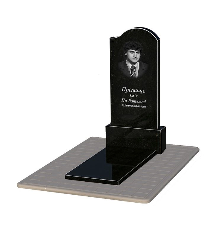 Основне Надгробок на могилу із граніту вертикальний одинарний із чорного граніту Коростишів з хвилею різьблений к7-kor-npf-120-60-08-011-r-pbd3