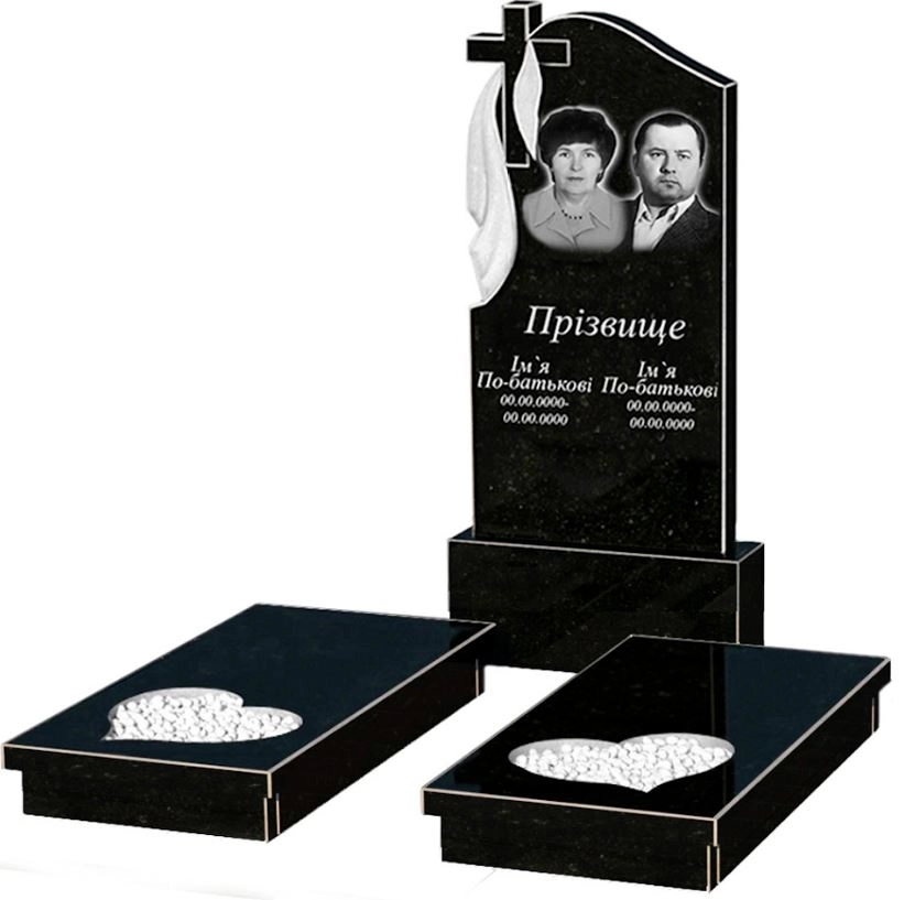 Основное Гранитный памятник с сердцем резная работа двойной из черного гранита Коростышев к20-kor-npf-120-60-08-142