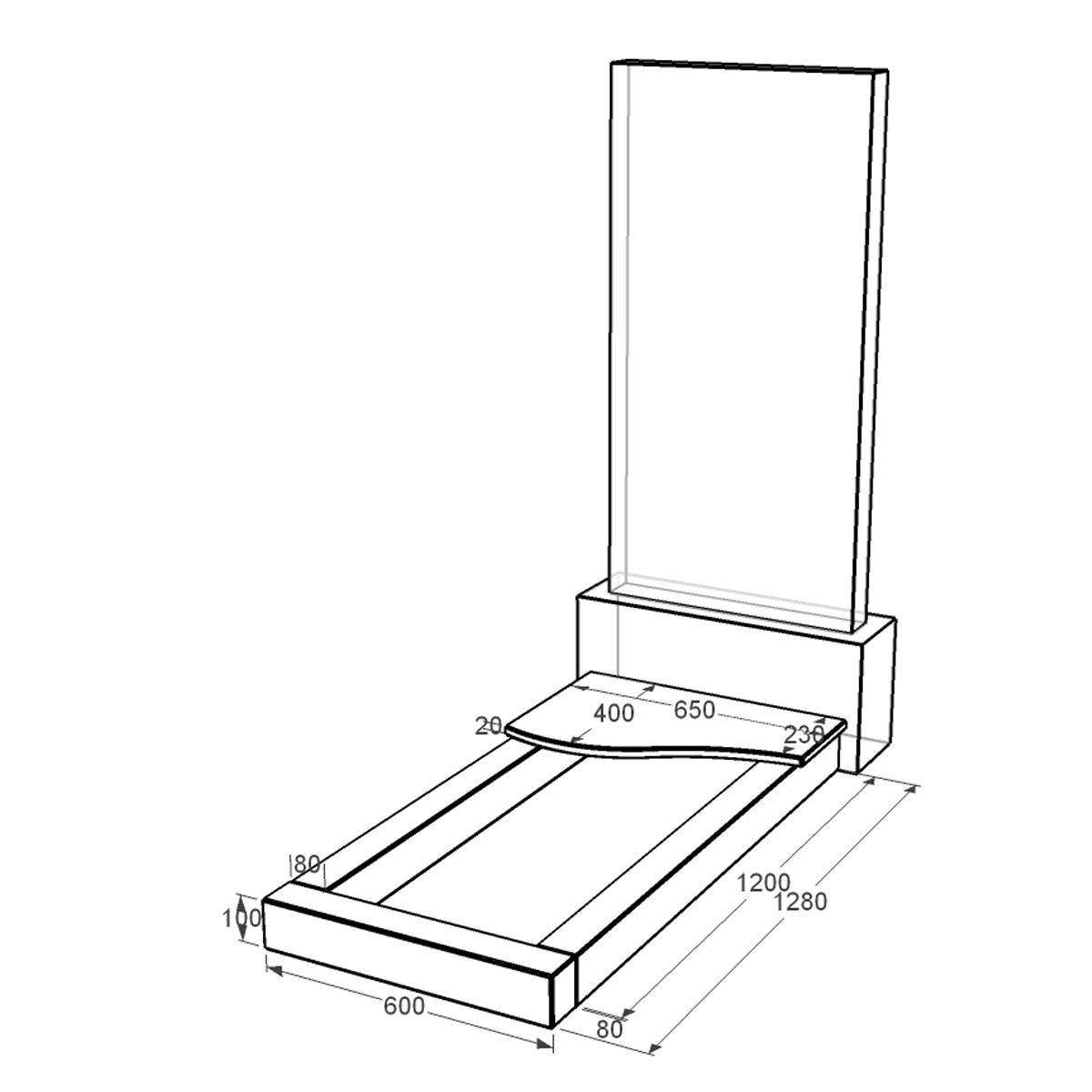 Розміри Квітник на кладовище довжиною 128 см 1280x600x100 з граніту серія Базіс з полірованими фасками Коростишівського кар'єру cv-kor-pf-1280-600-3-volna-1-np