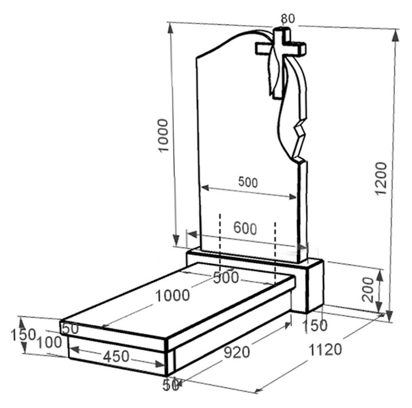 Розміри Пам'ятник із граніту висотою 120 см одинарний із чорного граніту Коростишів з хрестом та плащаницею різьблений к10-kor-npf-100-50-08-142-r