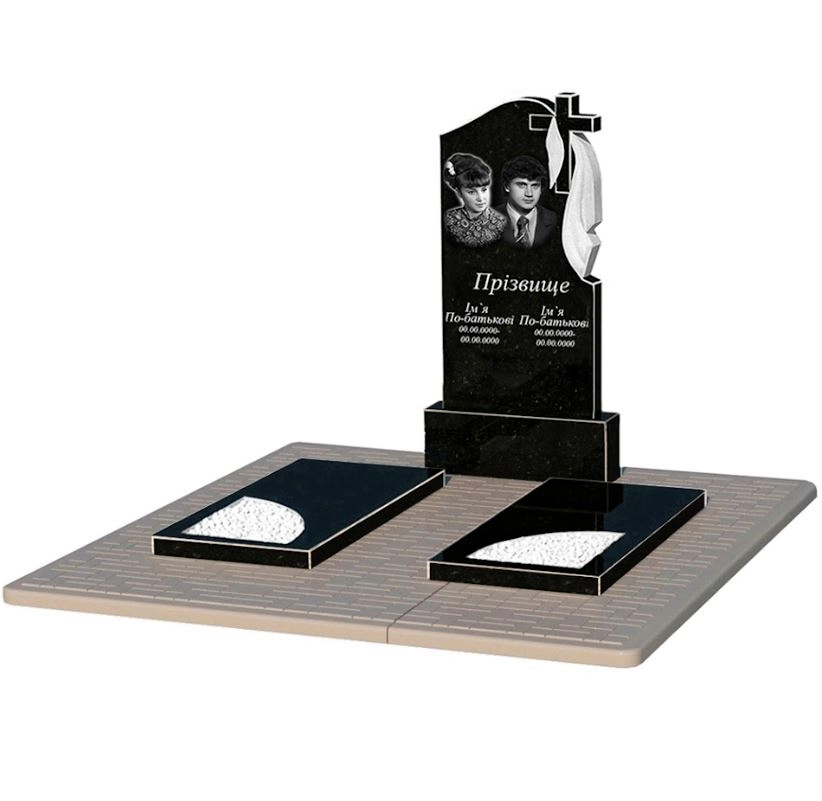 Основное Памятник из гранита с надгробной плитой двойной из черного гранита Коростышев с вырезанным уголком к18-kor-npf-100-50-08-142-r-pbd2