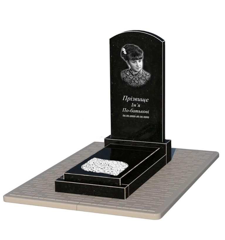 Основне Гранітна плита на могилу для жінок одинарний з листом різьблена робота із чорного граніту Коростишів Дуга 009 к13-kor-npf-100-50-08-009-pbd2