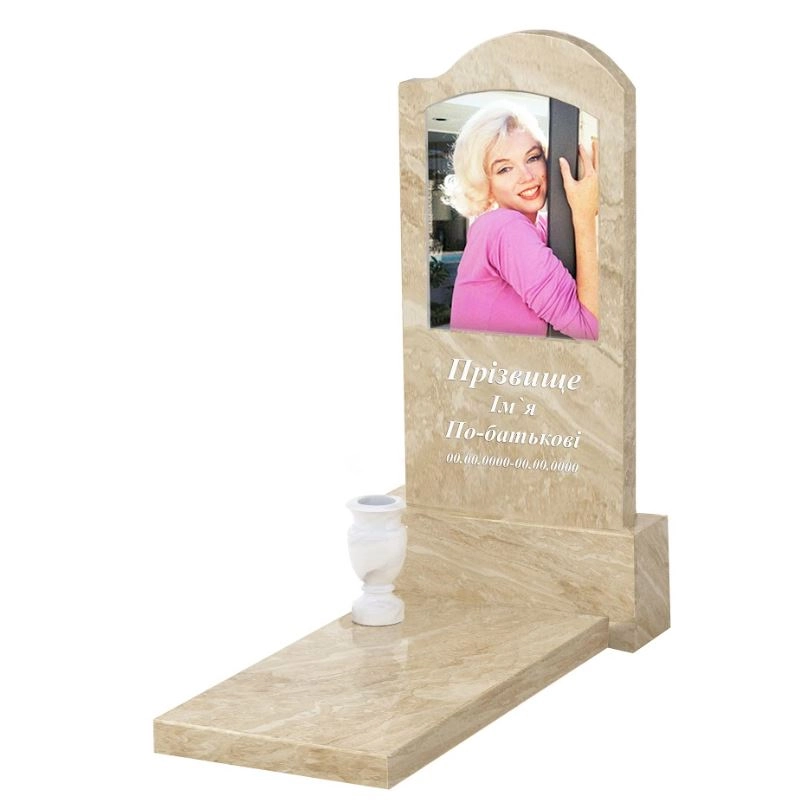 Основне Мармуровий пам'ятник з надгробною плитою одинарний з мармуру Дайна з хвилею різьблений к7-dan-pf-80-40-05-011-r