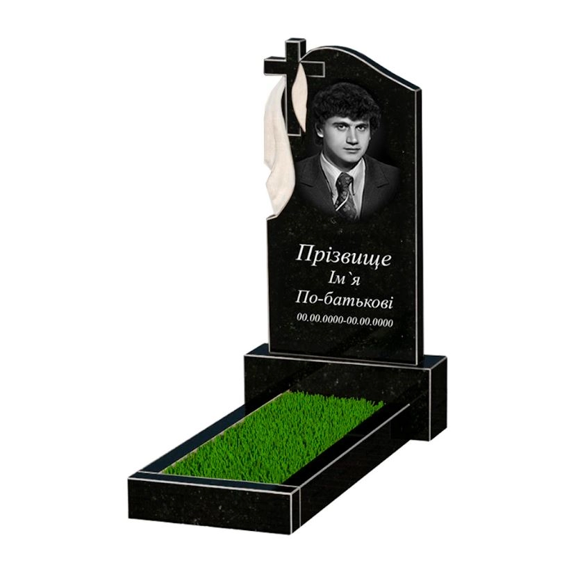 Основное Памятник из гранита с плащаницей резной одинарный из черного гранита Коростышев с крестом резной к1-kor-npf-80-40-05-142