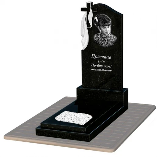 Гранітний пам'ятник на могилу виробництво Україна одинарний із чорного граніту Коростишів з листом різьблена робота к13-kor-pf-120-60-08-142-pbd3