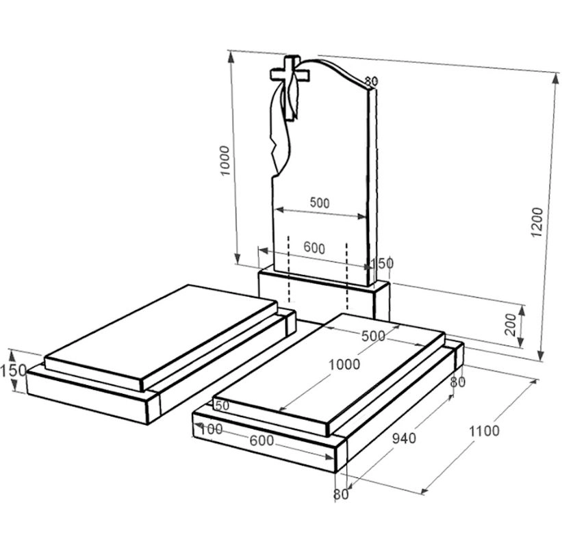Розміри Гранітний пам'ятник з плащаницею різьблений подвійний із чорного граніту Коростишів з хрестом різьблений к21-kor-npf-100-50-08-142