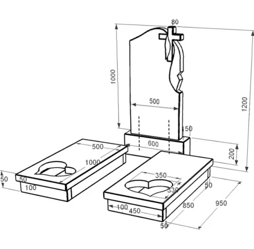 Размеры Гранитный памятник на могилу на двоих из черного гранита Коростышев с сердцем резная работа к20-kor-npf-100-50-08-142-r